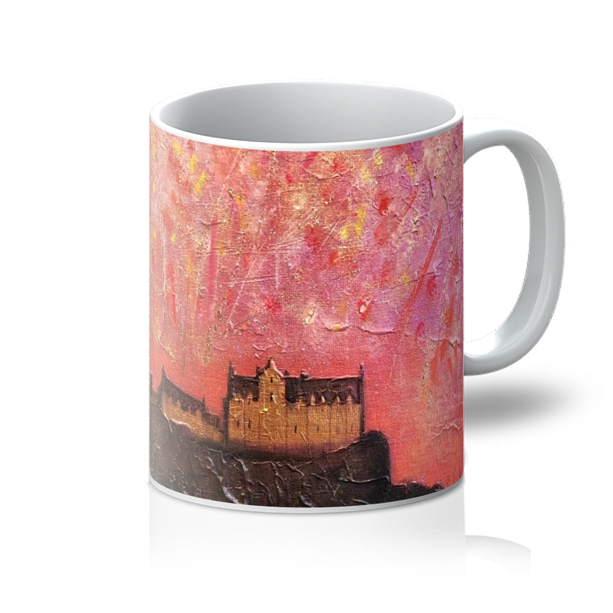 White ceramic Edinburgh Castle Fireworks Mug featuring a colorful abstract castle painting