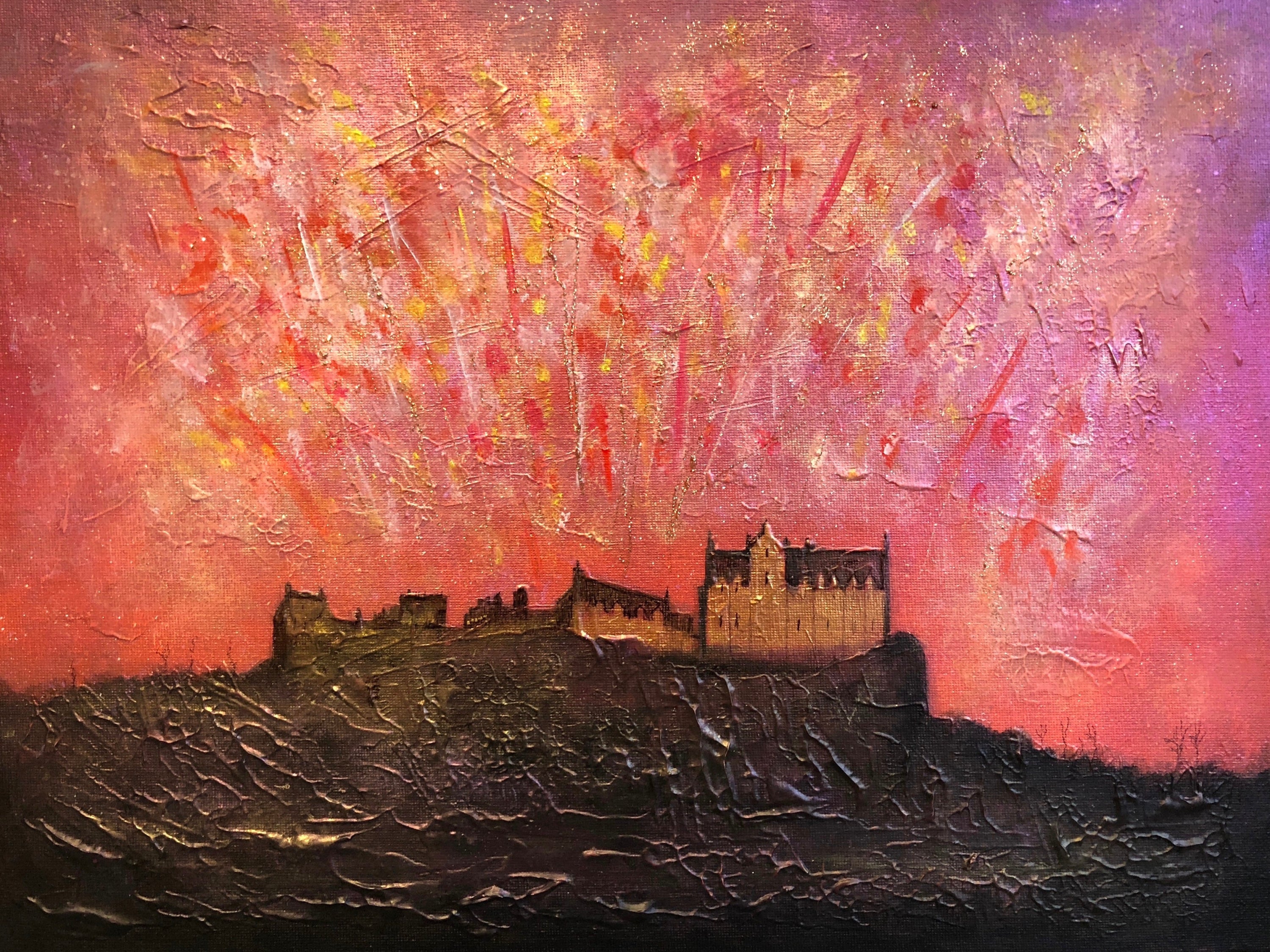 Textured Edinburgh Castle fireworks painting for wall decor and art lovers