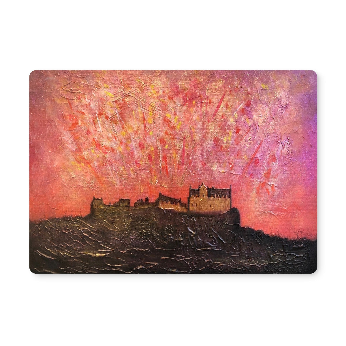 Vibrant textured painting of Edinburgh Castle on a hill under a dramatic sky for placemat