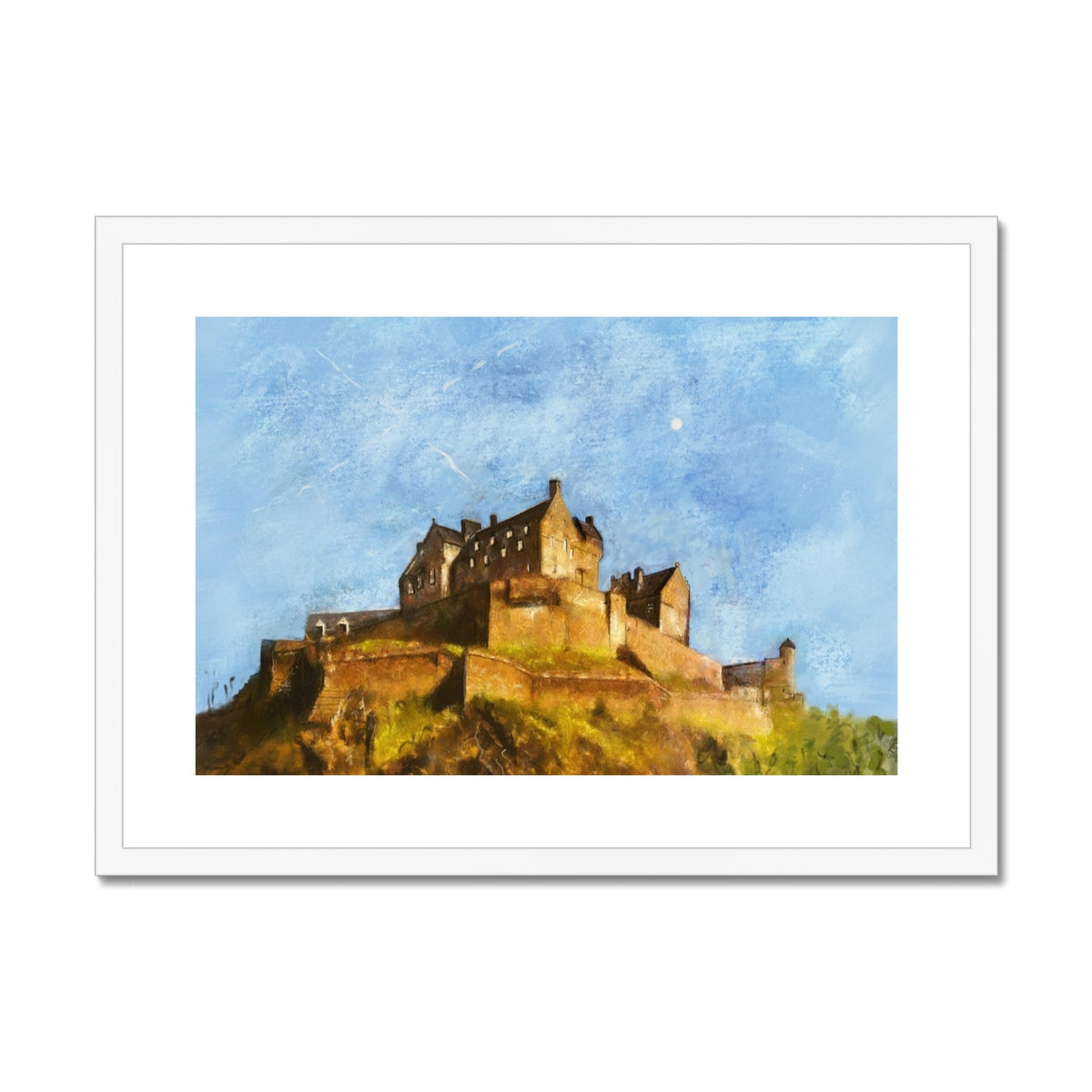 Edinburgh Castle watercolor wall art print in white frame