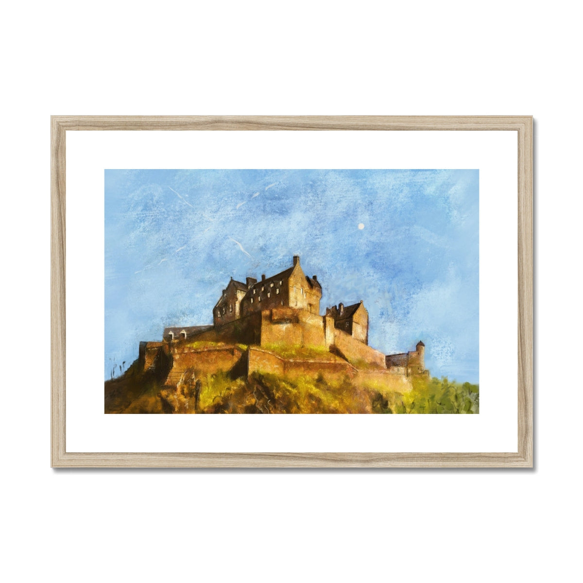 Edinburgh Castle art print: wooden-framed painting with blue sky and green hillside