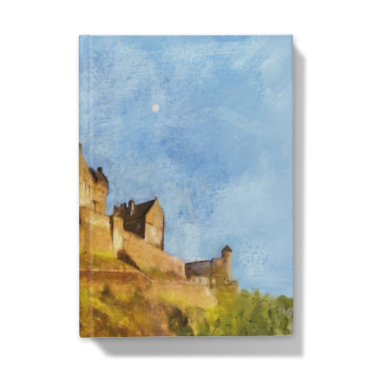 Edinburgh Castle hardback journal with blue sky painting of castle and moon