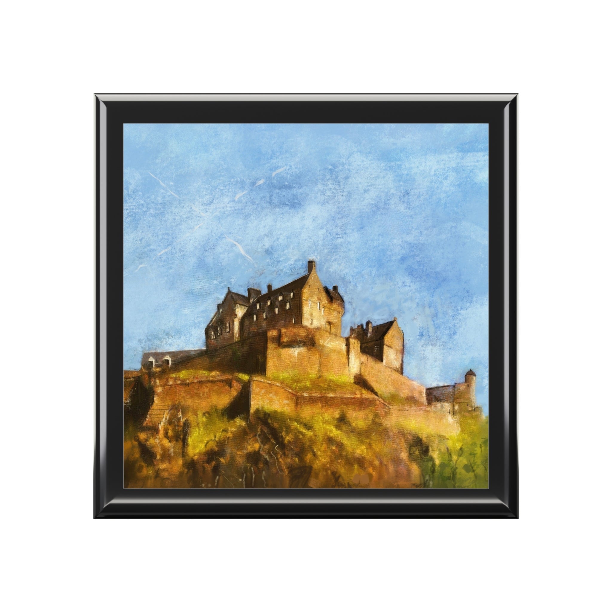 Edinburgh Castle square-framed artwork in warm stone tones, textured blue sky, for Scotland jewellery box