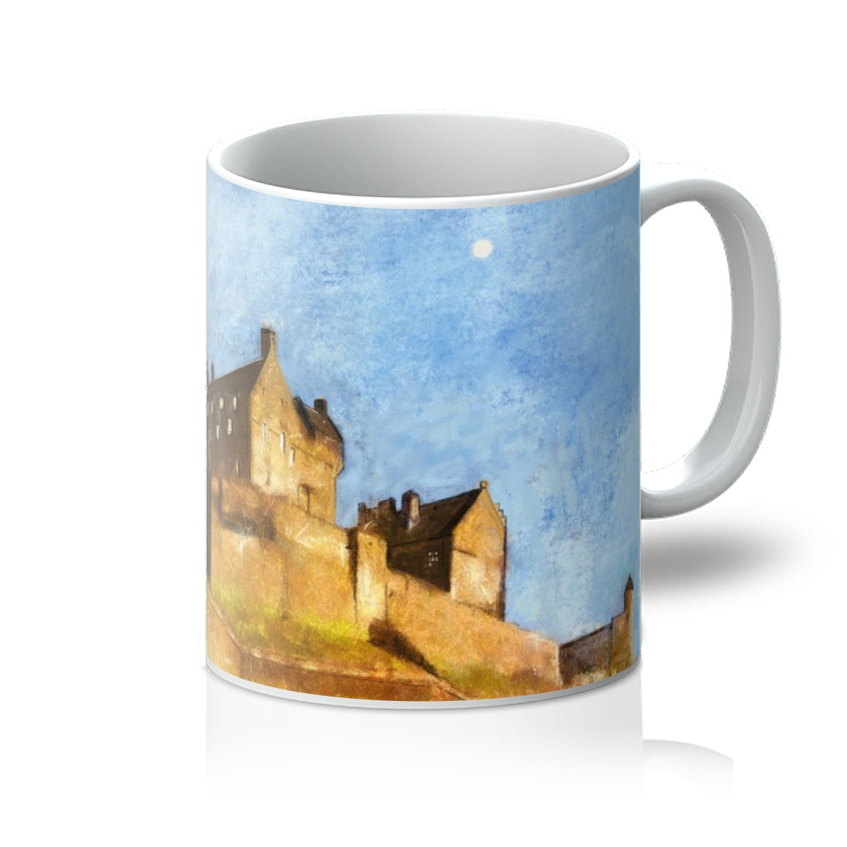 Edinburgh Castle mug with watercolor village scene in warm tones