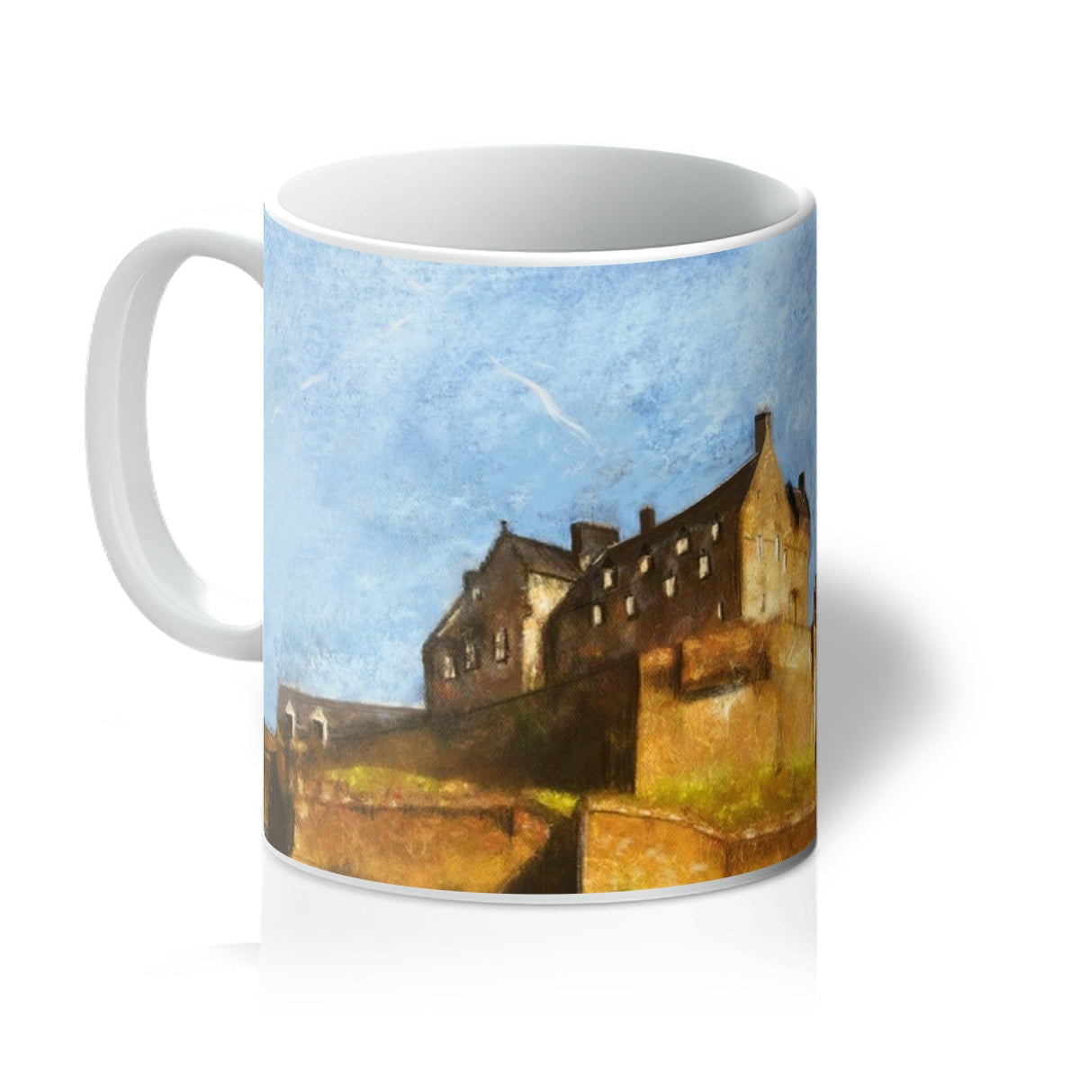 Edinburgh Castle mug with watercolor stone building and blue sky