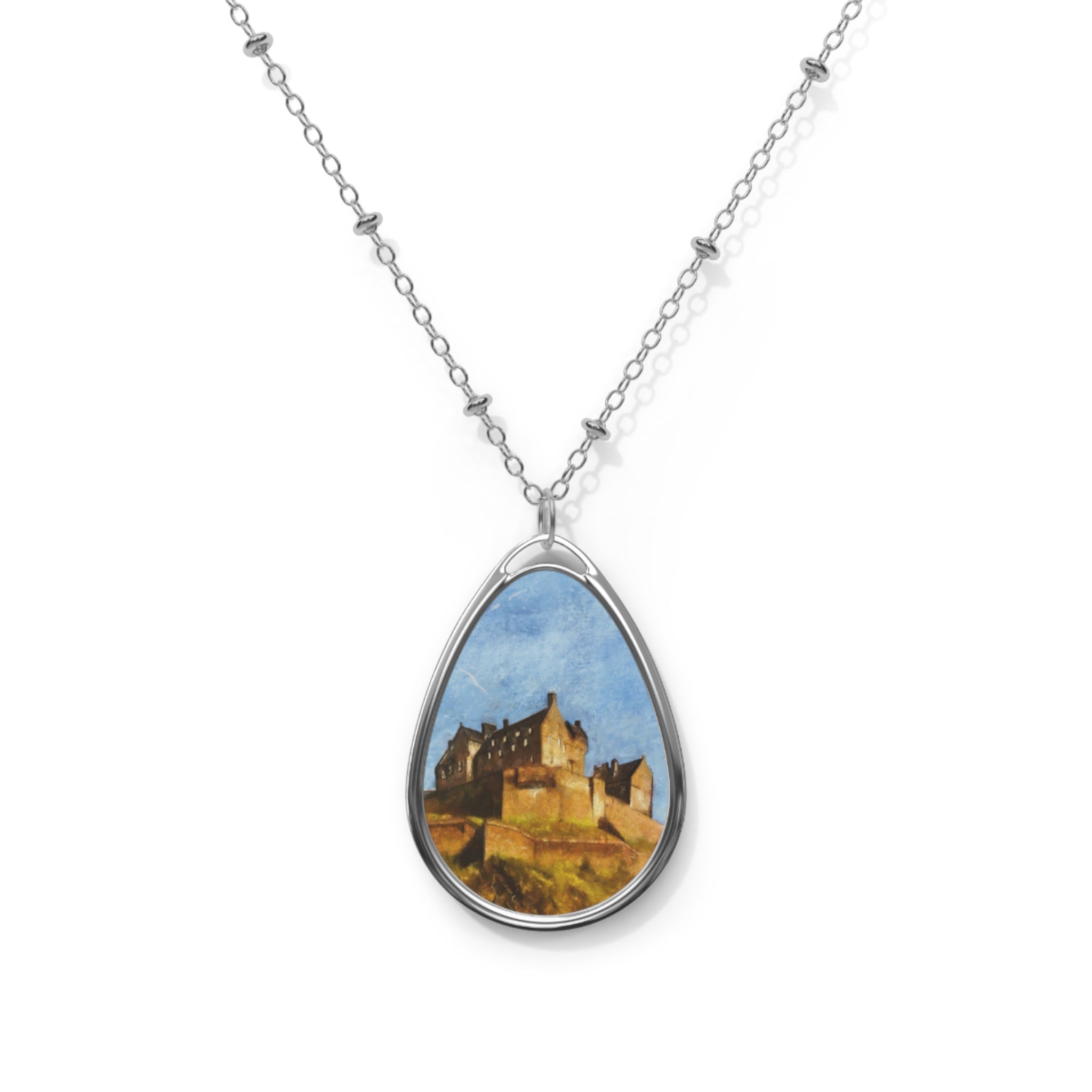 Silver teardrop pendant necklace with Edinburgh Castle painted scene