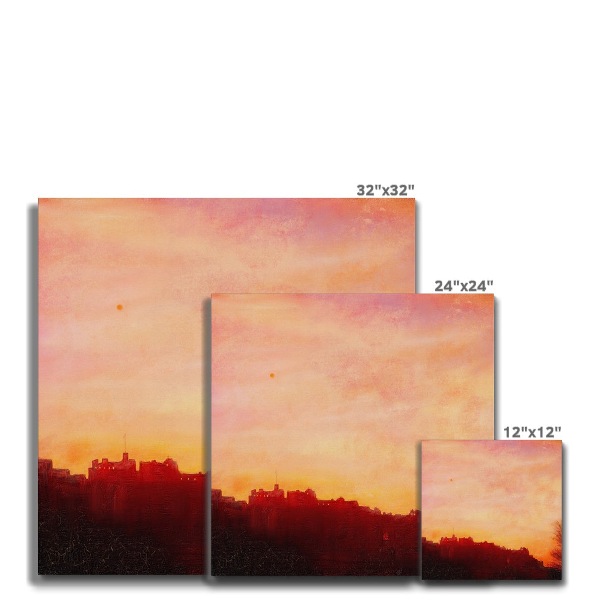 32x32 inch Edinburgh Castle sunset canvas print in orange pink hues