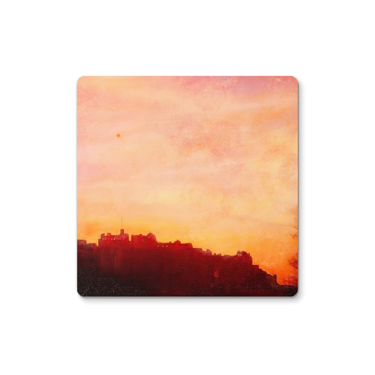 Edinburgh Castle sunset coaster with orange watercolor texture