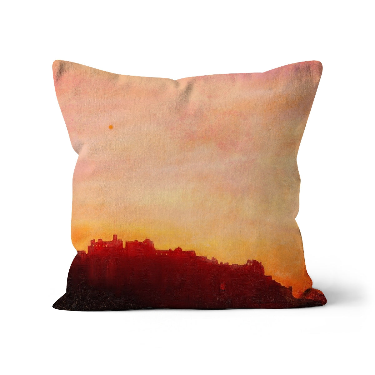 Edinburgh Castle Sunset Cushion: Peach Pillow with Silhouetted Buildings