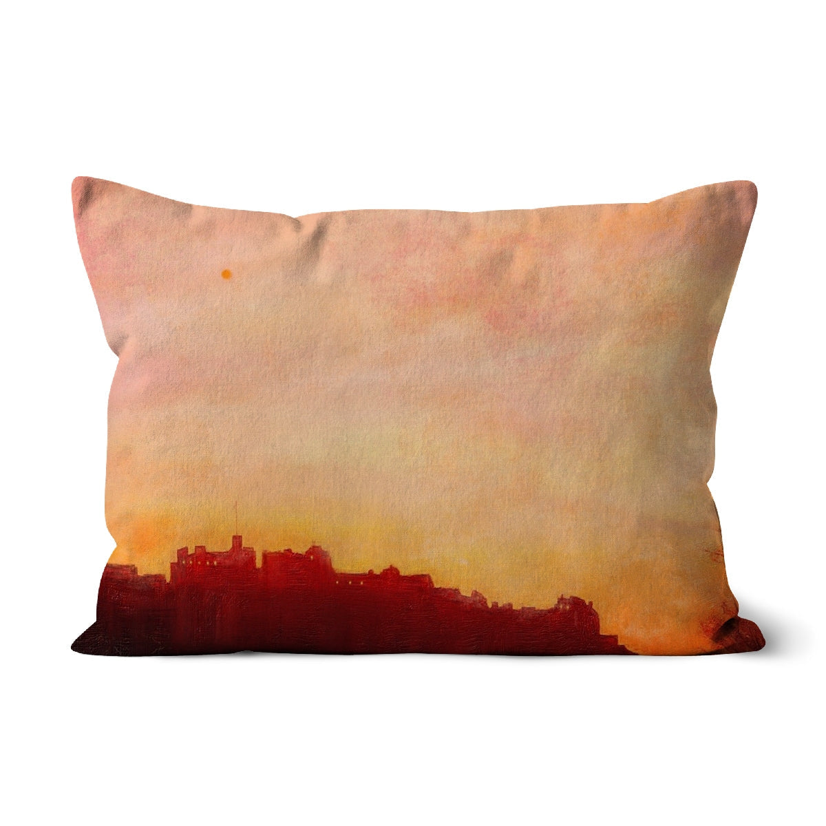 Peach Edinburgh Castle Sunset Cushion with watercolor buildings