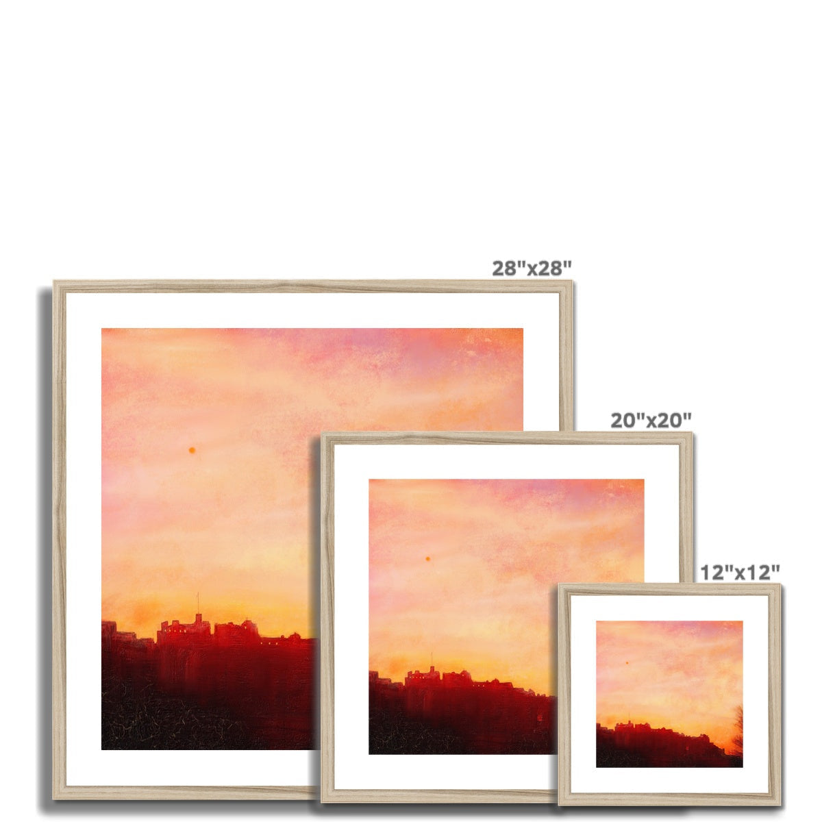 28x28 Framed Edinburgh Castle Sunset Art Print in Orange Pink Gradient
