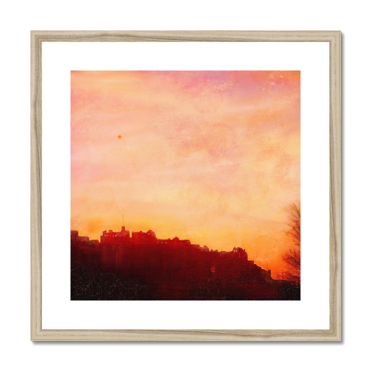 Edinburgh Castle sunset art print in wooden frame with orange pink hues