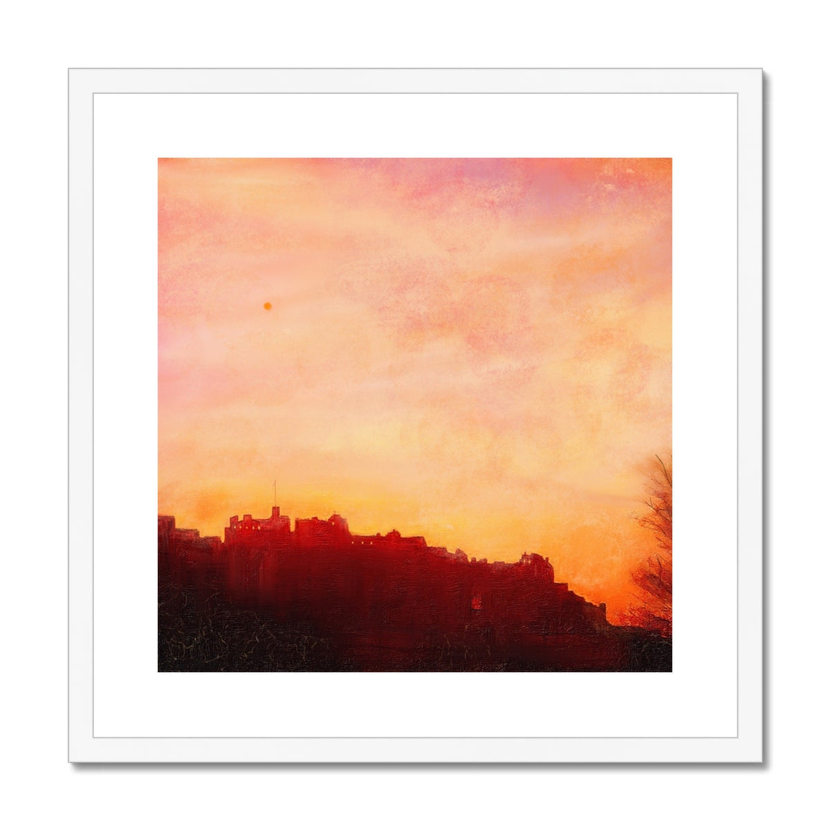 Edinburgh Castle orange sunset framed print with white border
