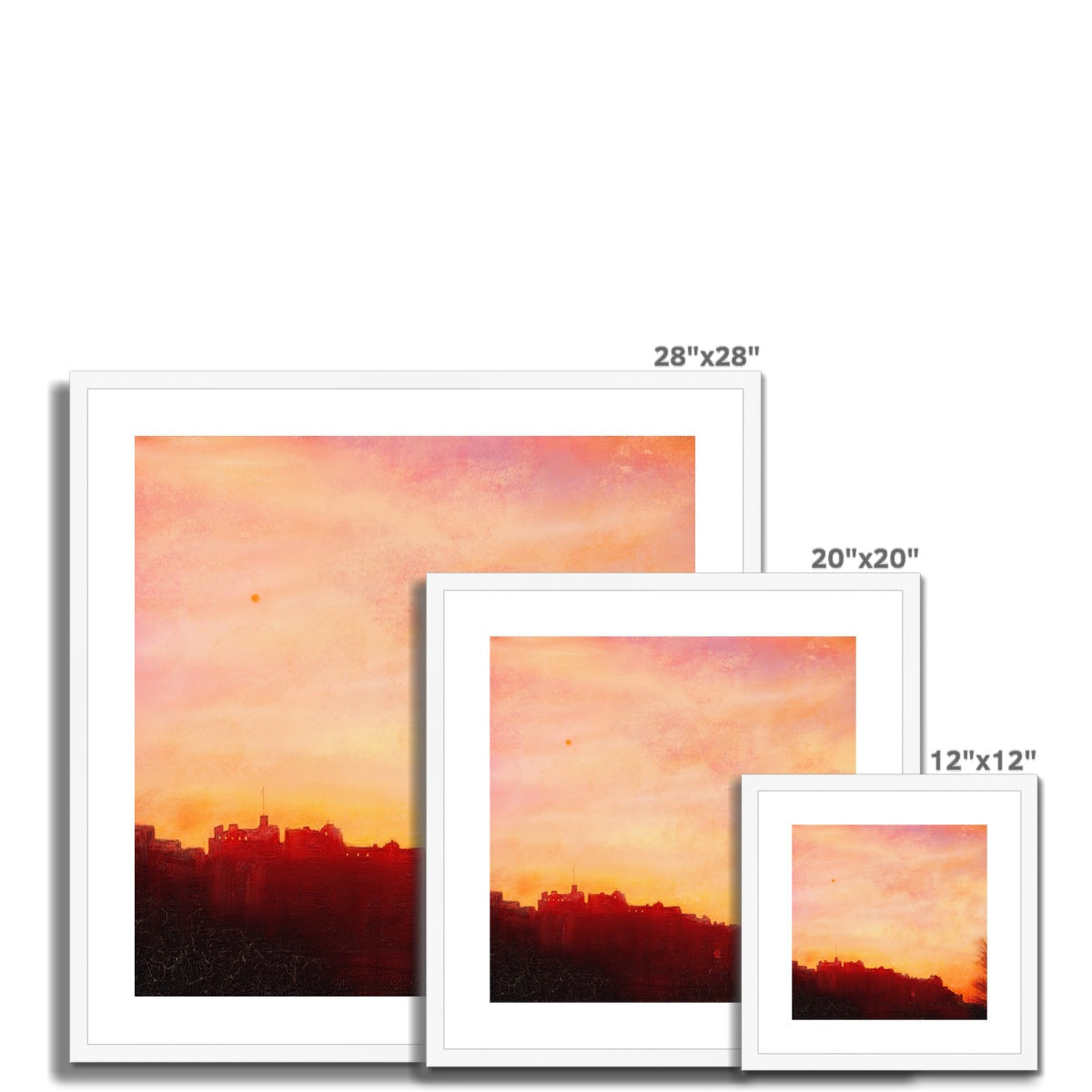 28x28 Framed Edinburgh Castle Sunset Print in Orange Pink Hues