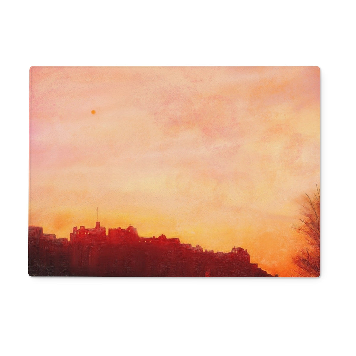 Edinburgh Castle sunset red orange cityscape glass chopping board