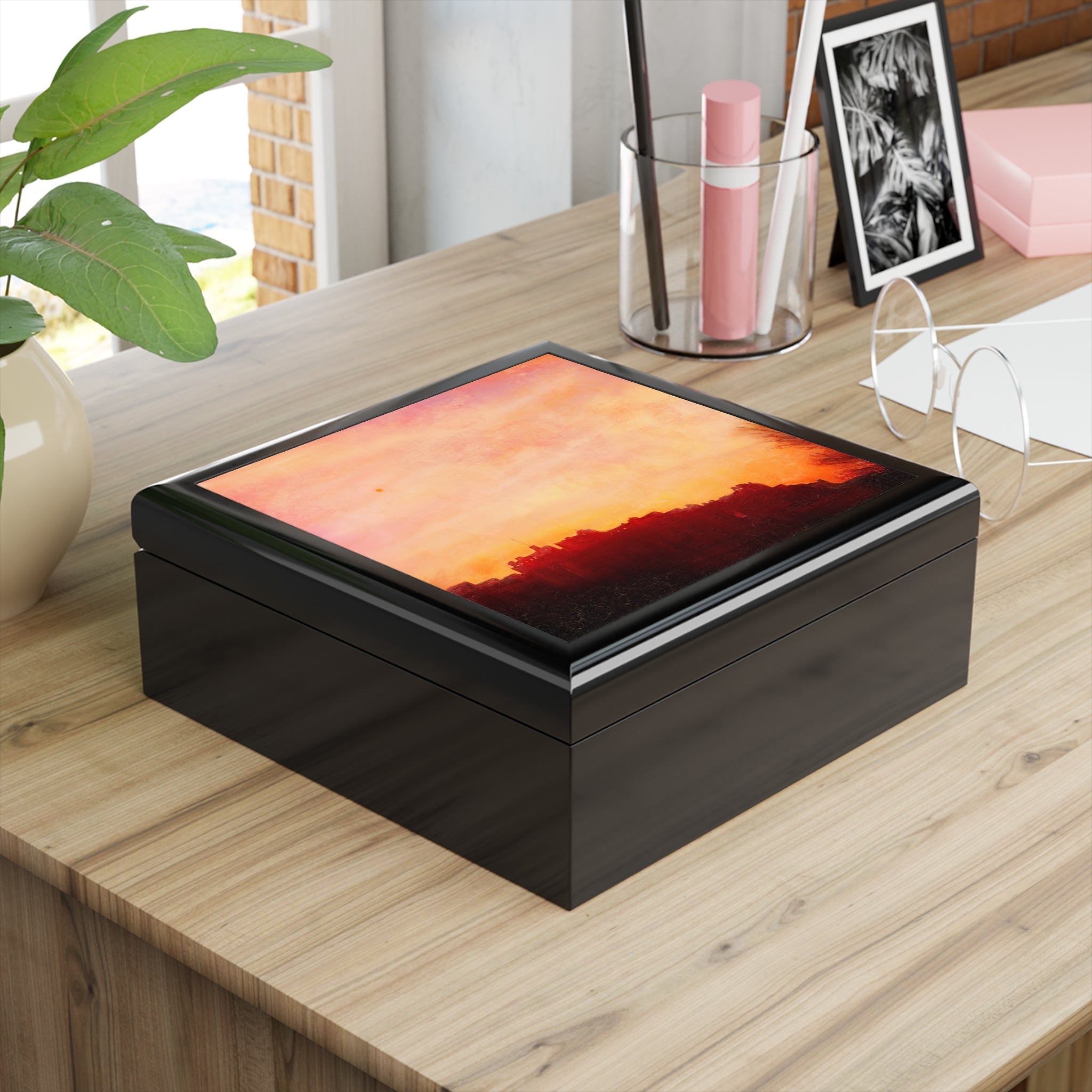 Edinburgh Castle sunset printed on glossy black jewelry box