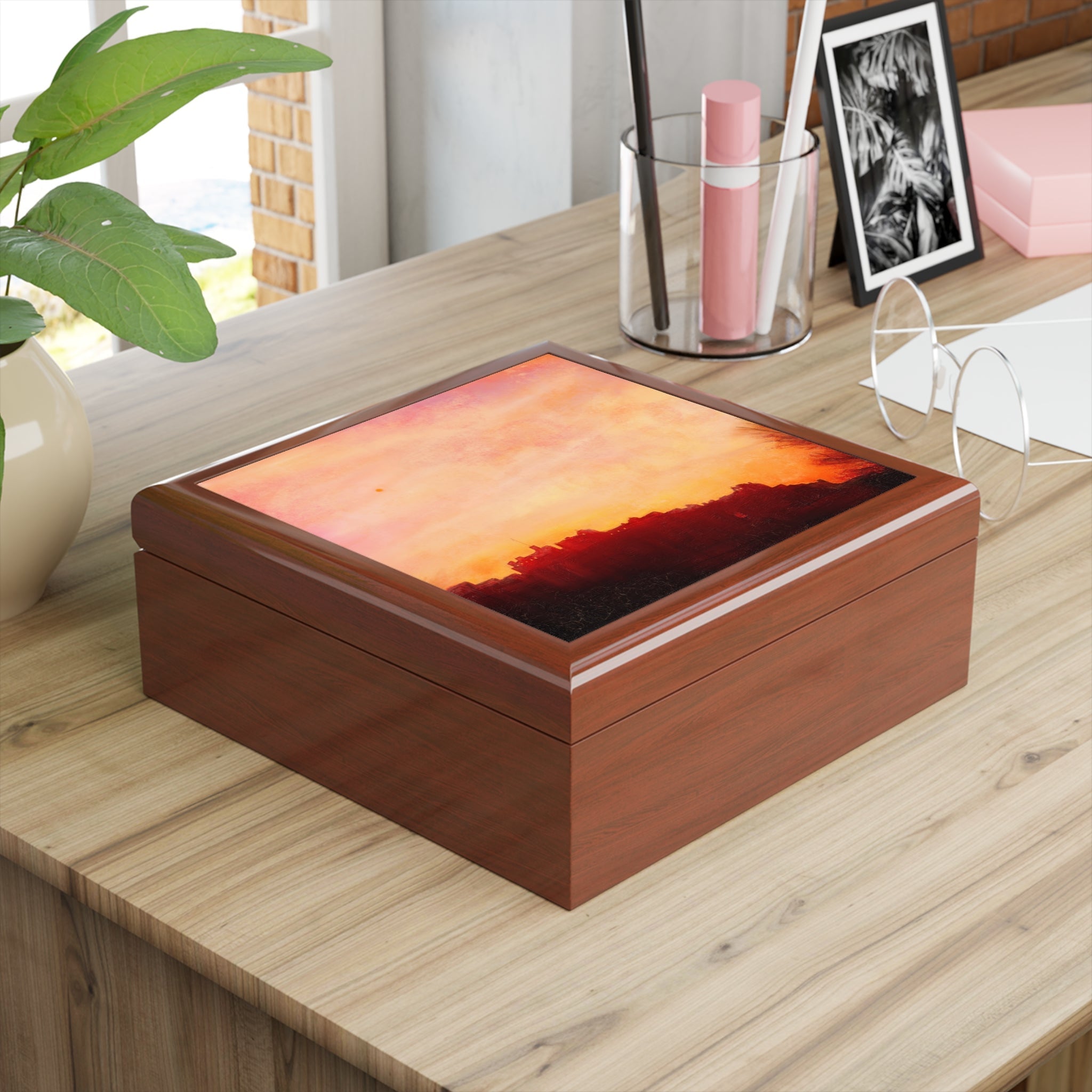 Edinburgh Castle sunset printed wooden jewellery box from Scotland