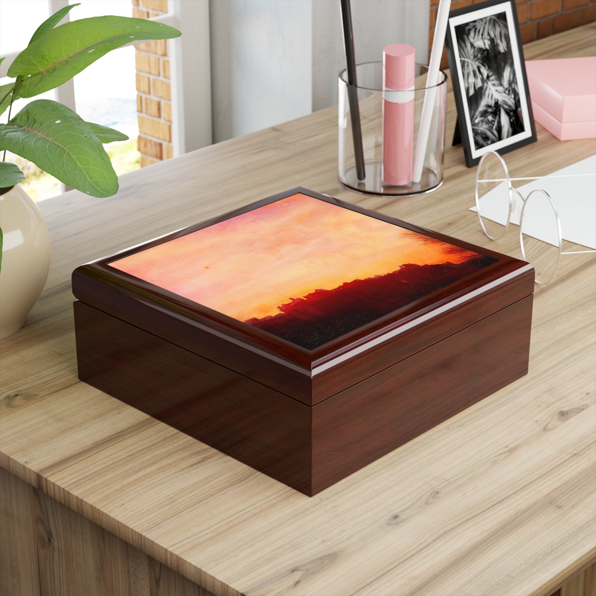 Edinburgh Castle Sunset wooden jewellery box with glossy lid