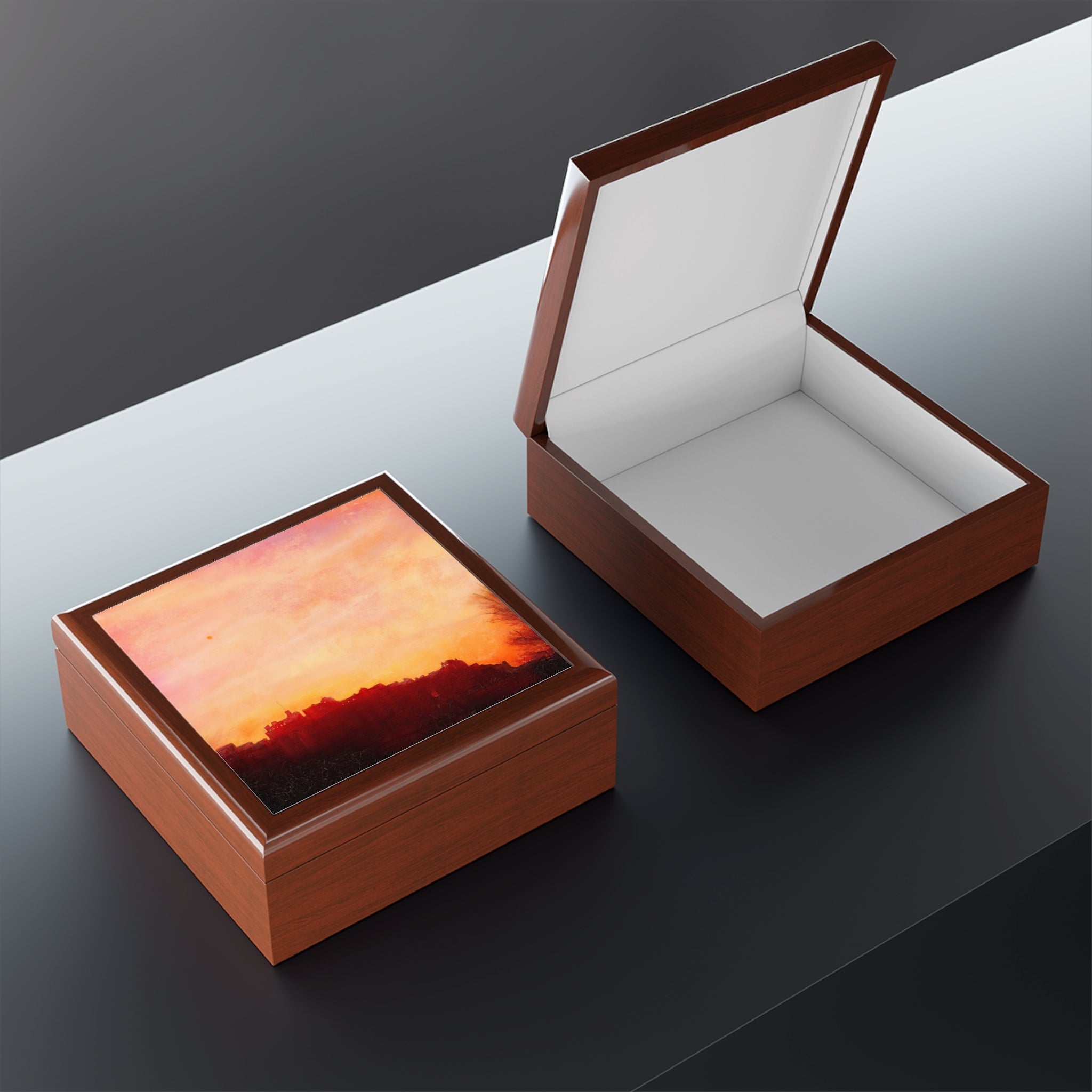 Edinburgh Castle Sunset printed wooden jewellery box