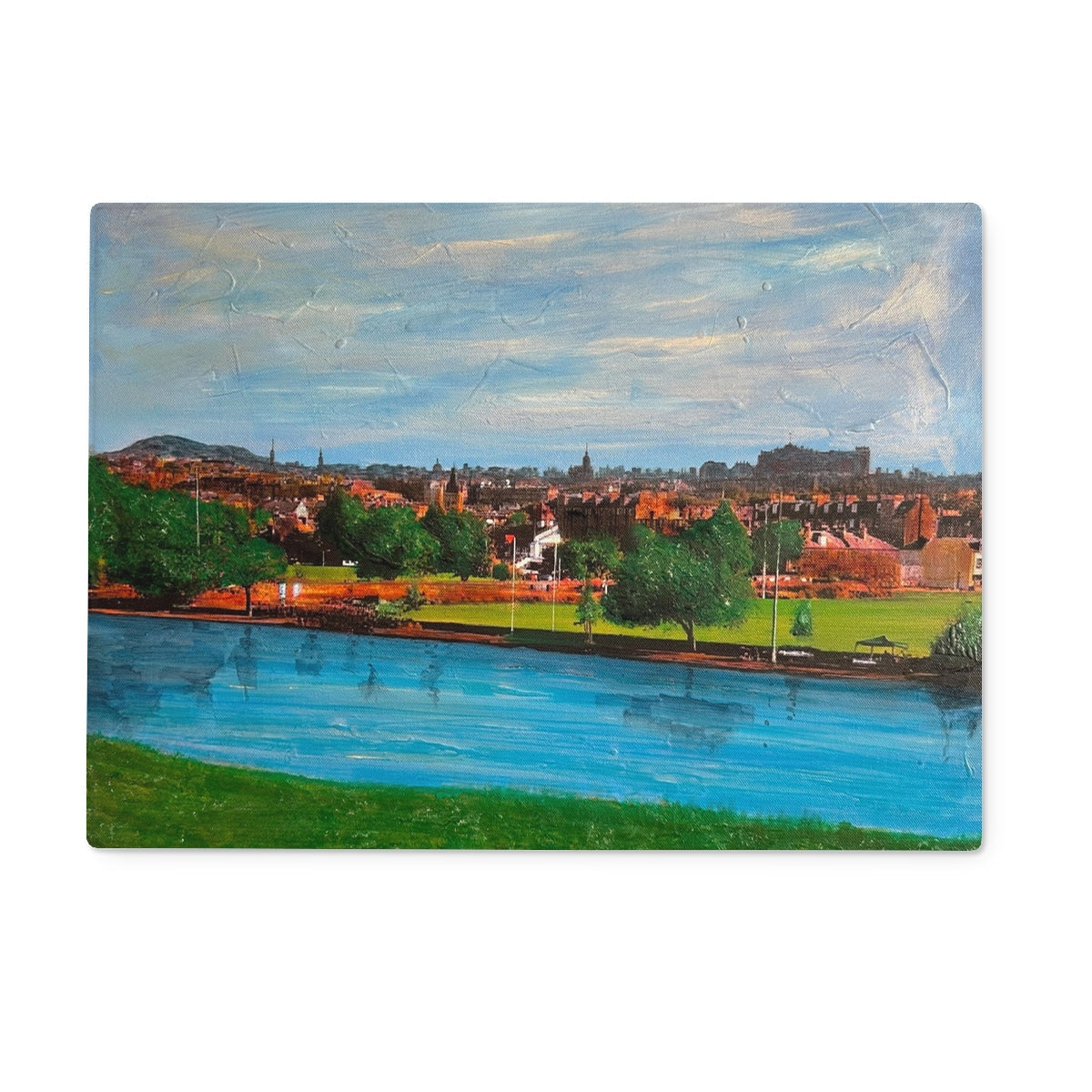 Edinburgh cityscape painting on Inverleith glass chopping board