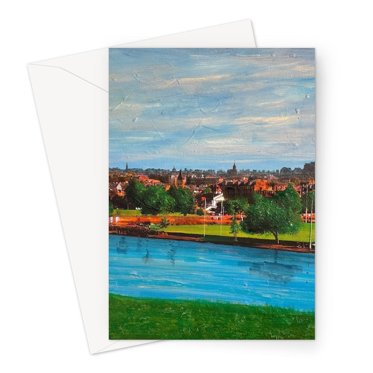 Vibrant painting of Edinburgh from Inverleith on riverside greeting card