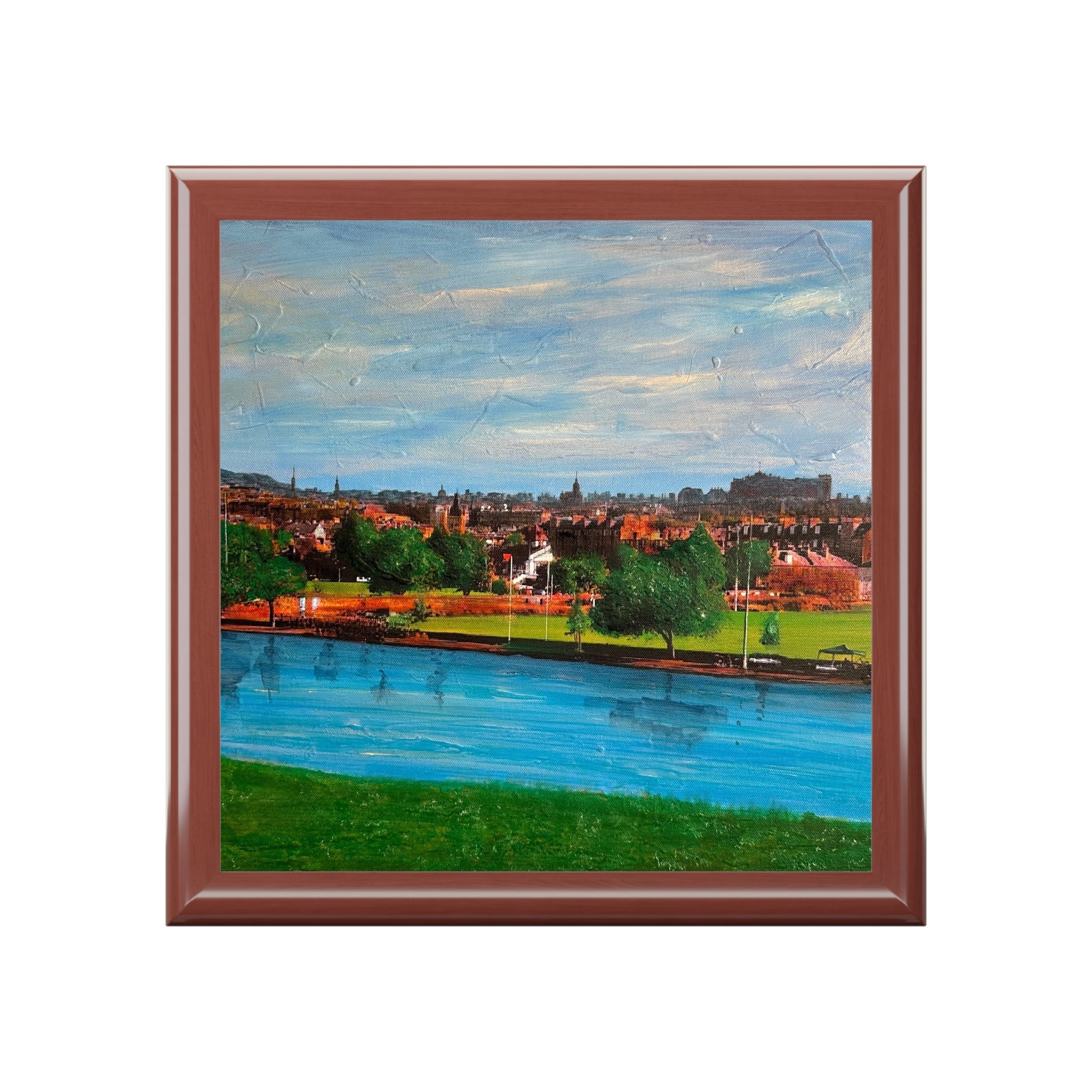 Edinburgh from Inverleith cityscape tile in brown wood frame