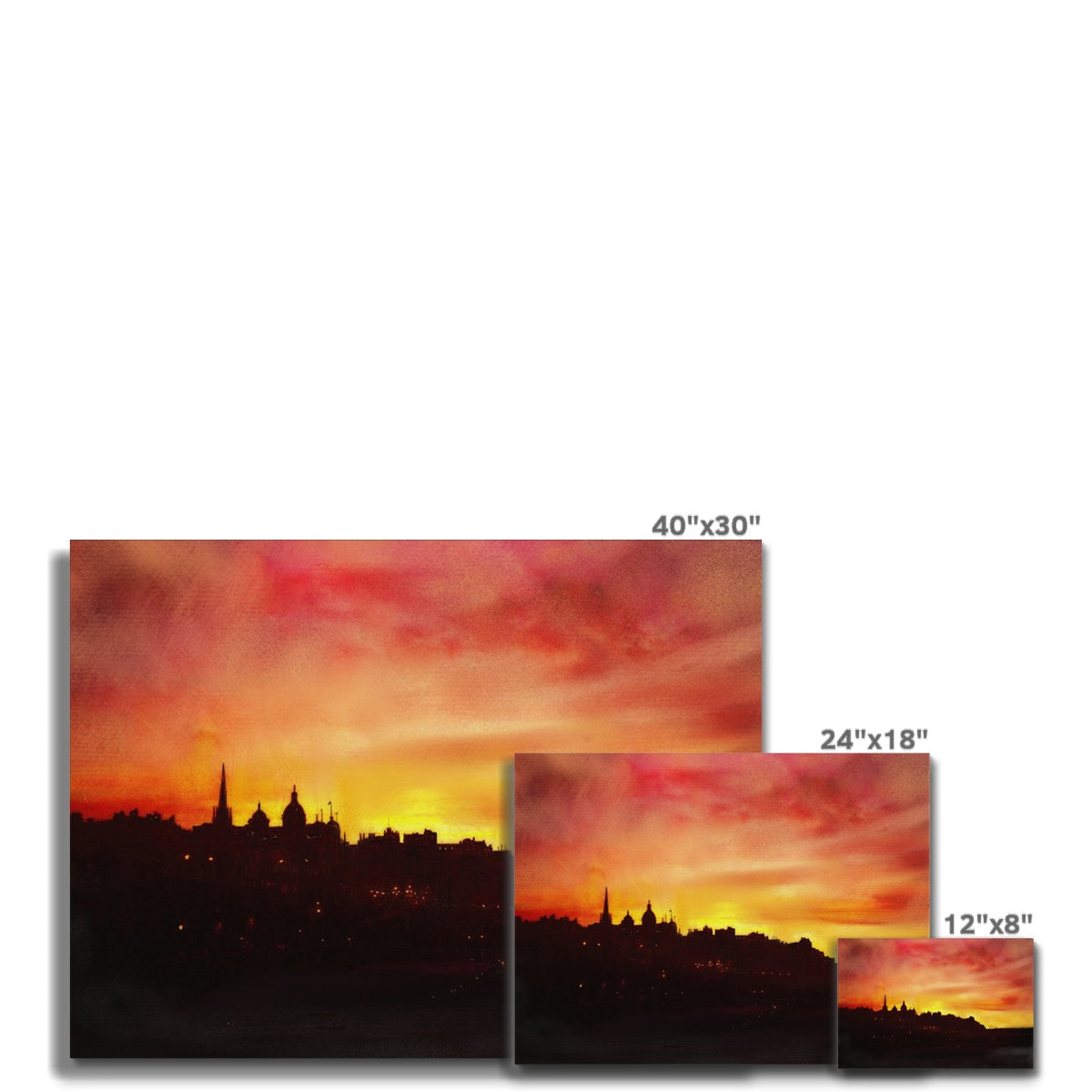 Three Edinburgh sunset canvas prints showcasing a vibrant cityscape at dusk