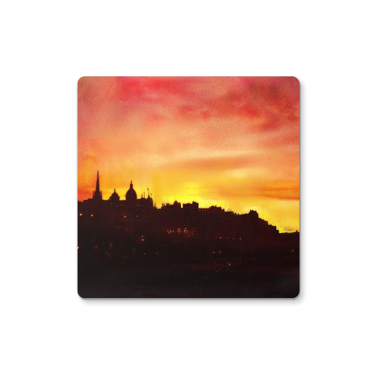 Edinburgh Sunset Coaster mouse pad with cityscape sunset silhouette
