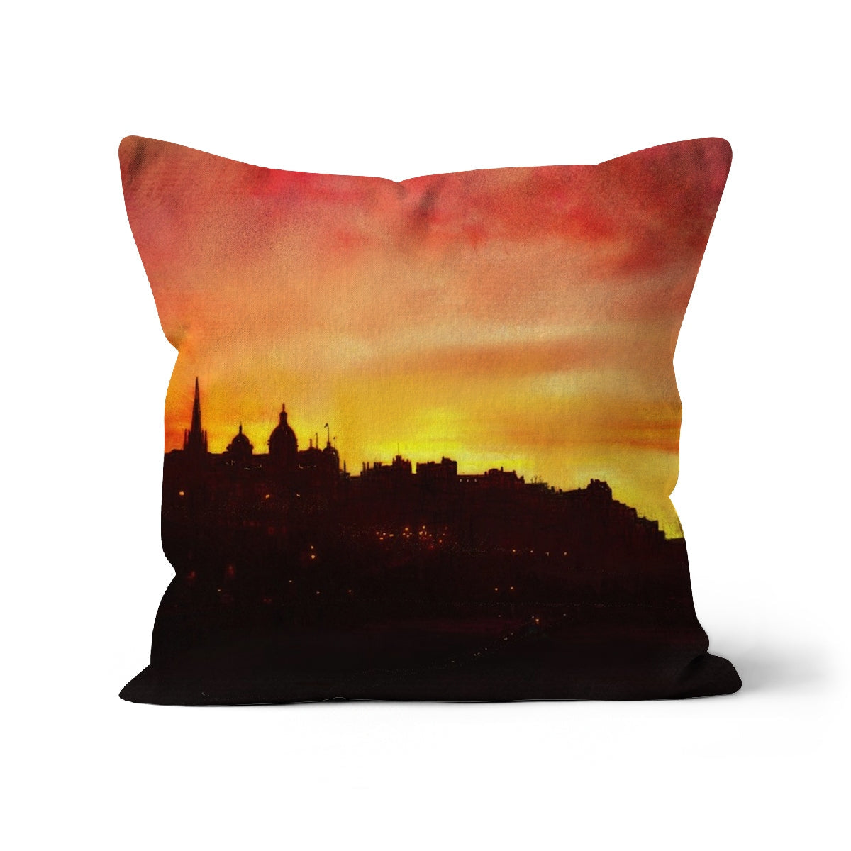 Decorative Edinburgh Sunset Cushion with city skyline silhouette against dramatic sunset sky