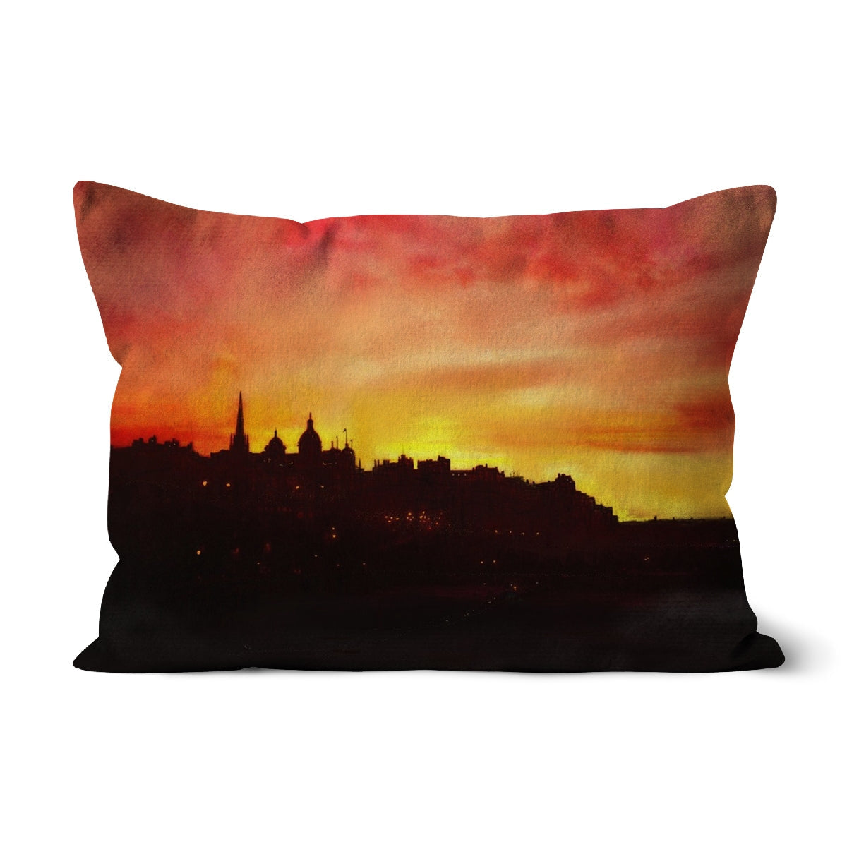 Decorative Edinburgh Sunset Cushion with city skyline at sunset design