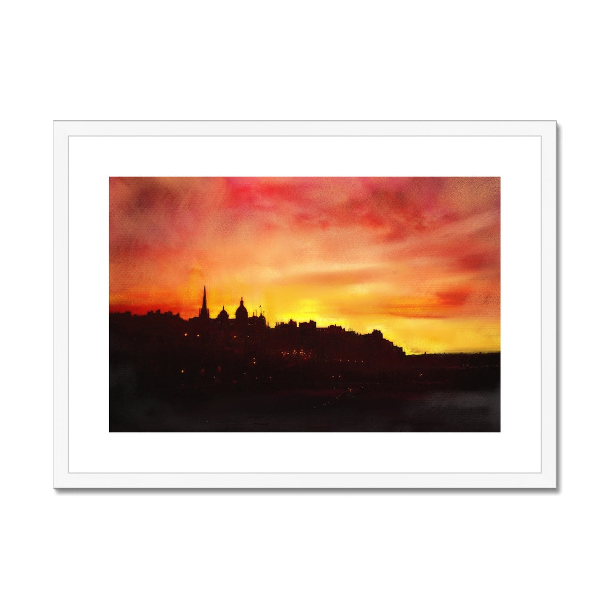 Framed watercolor painting of Edinburgh skyline at sunset for Edinburgh Sunset print