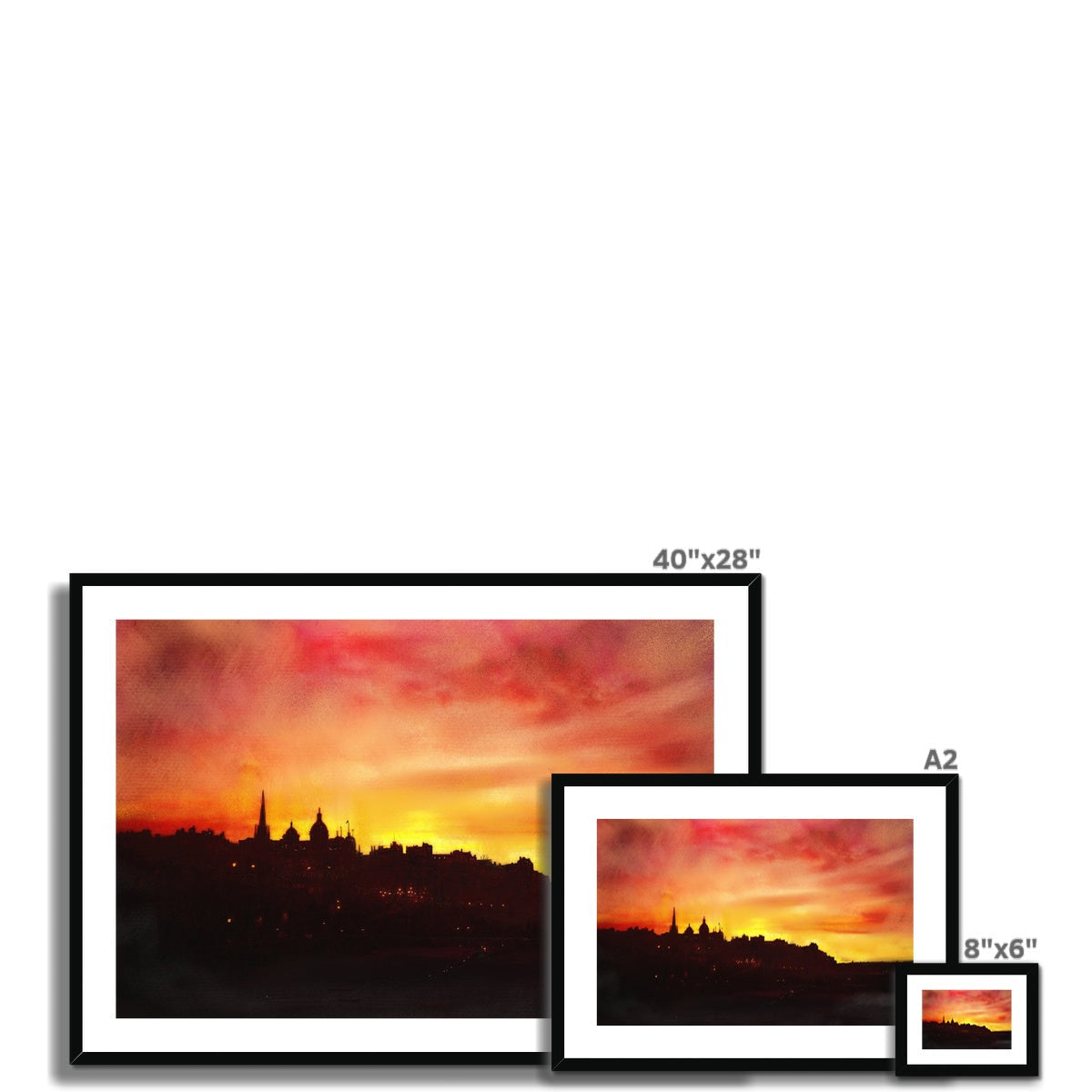 Three framed Edinburgh cityscape sunset art prints displayed in a product named Edinburgh Sunset Framed and Mounted Print