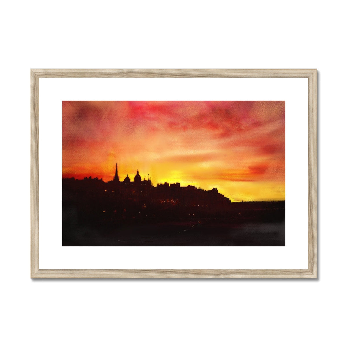 Framed Edinburgh Sunset print showing a sunset over a silhouetted city skyline