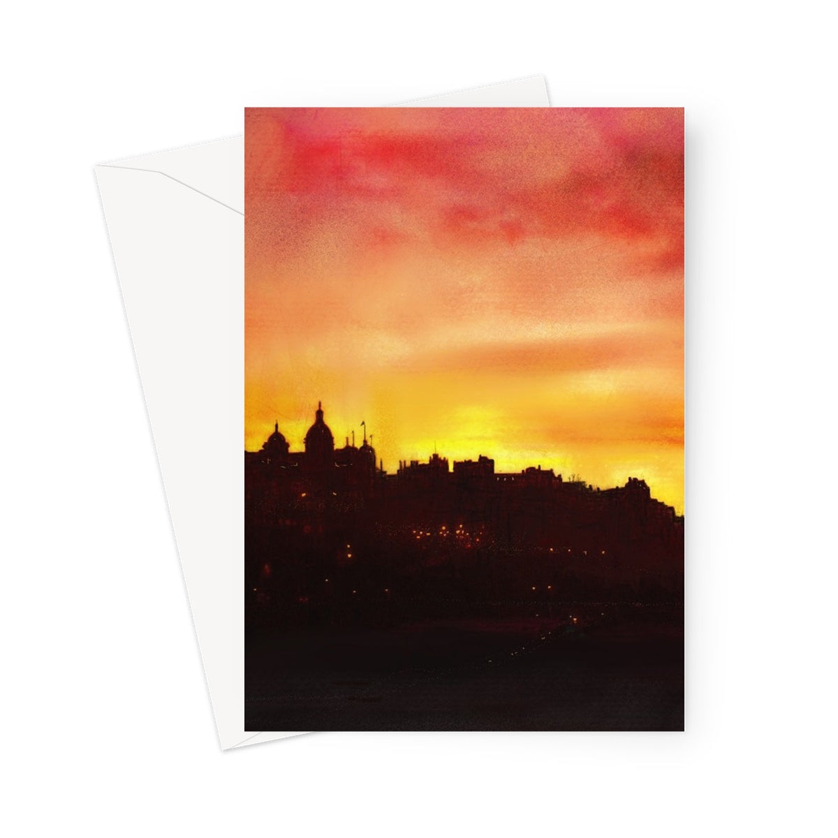 Edinburgh Sunset greeting card with vibrant orange pink cityscape silhouette