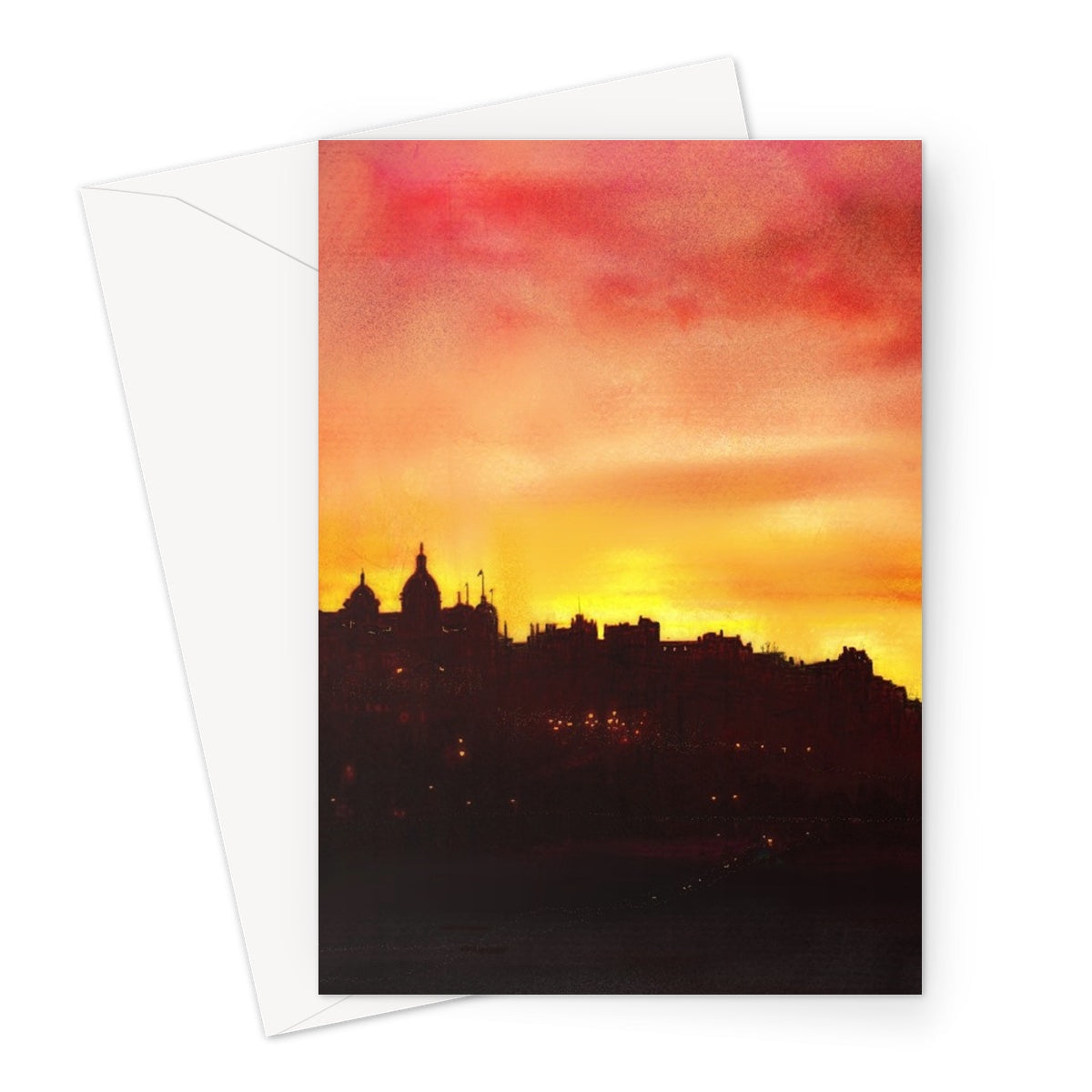 Edinburgh Sunset greeting card with vibrant orange pink cityscape silhouette
