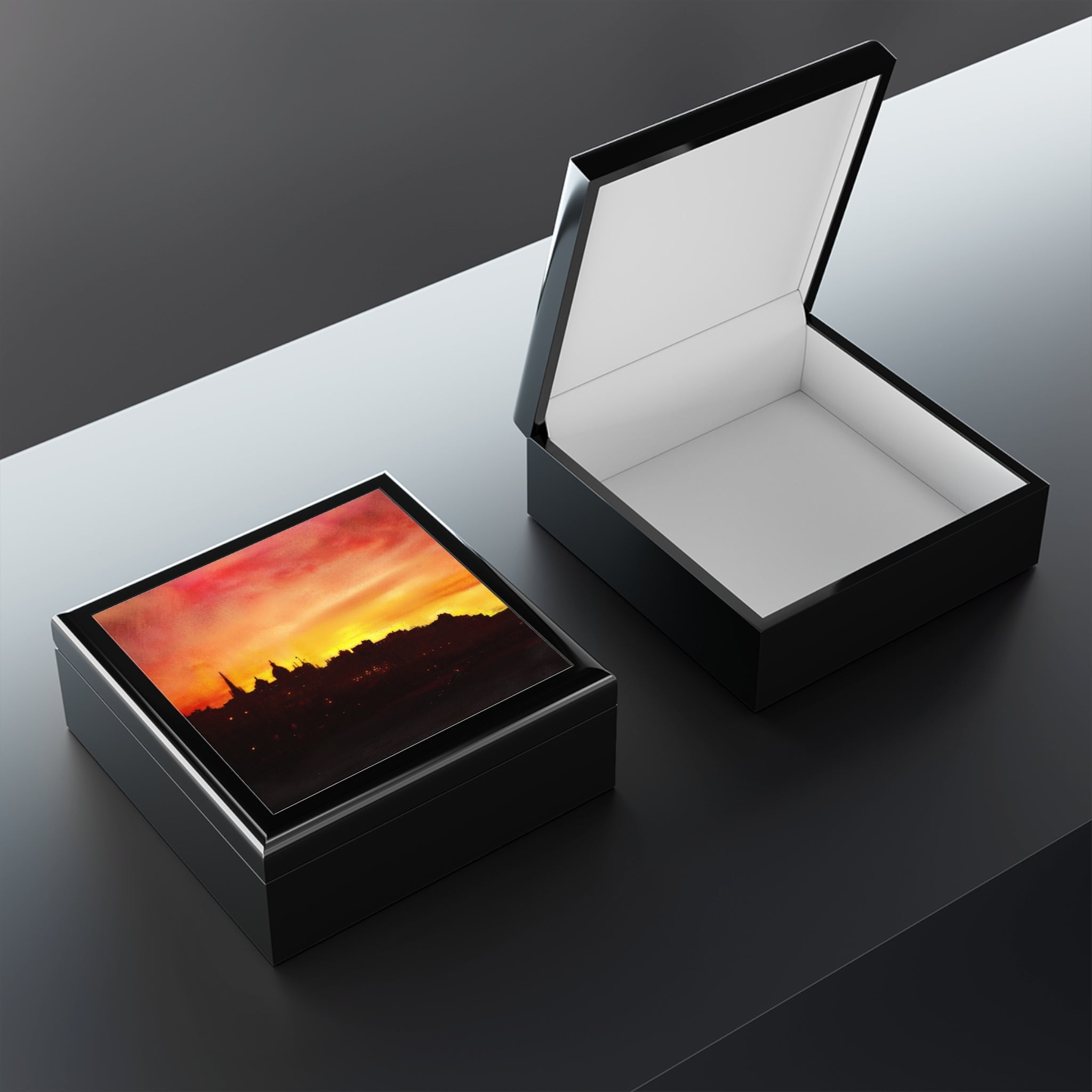 Black Edinburgh Sunset Jewellery Box with skyline lid