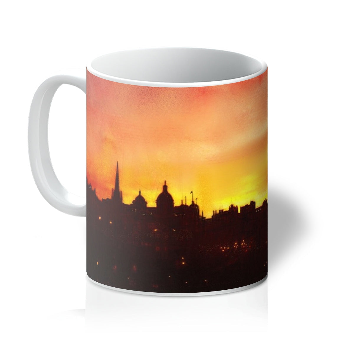 Edinburgh Sunset Mug with cityscape design on orange-yellow gradient background