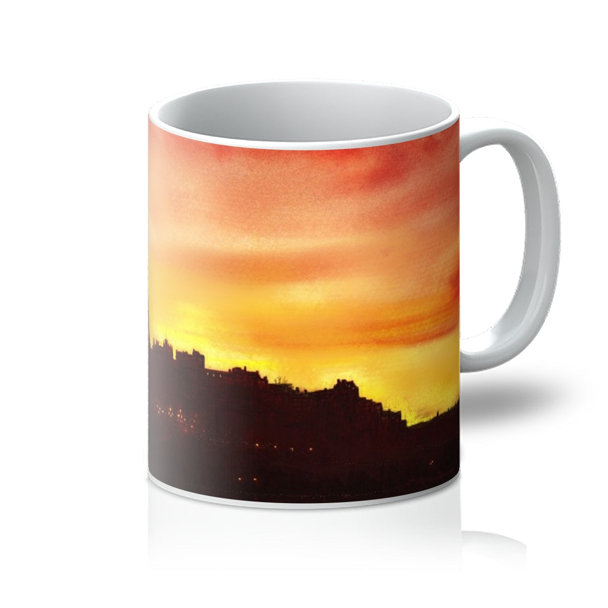 Edinburgh Sunset Mug: Ceramic with orange-yellow sunset design, white interior