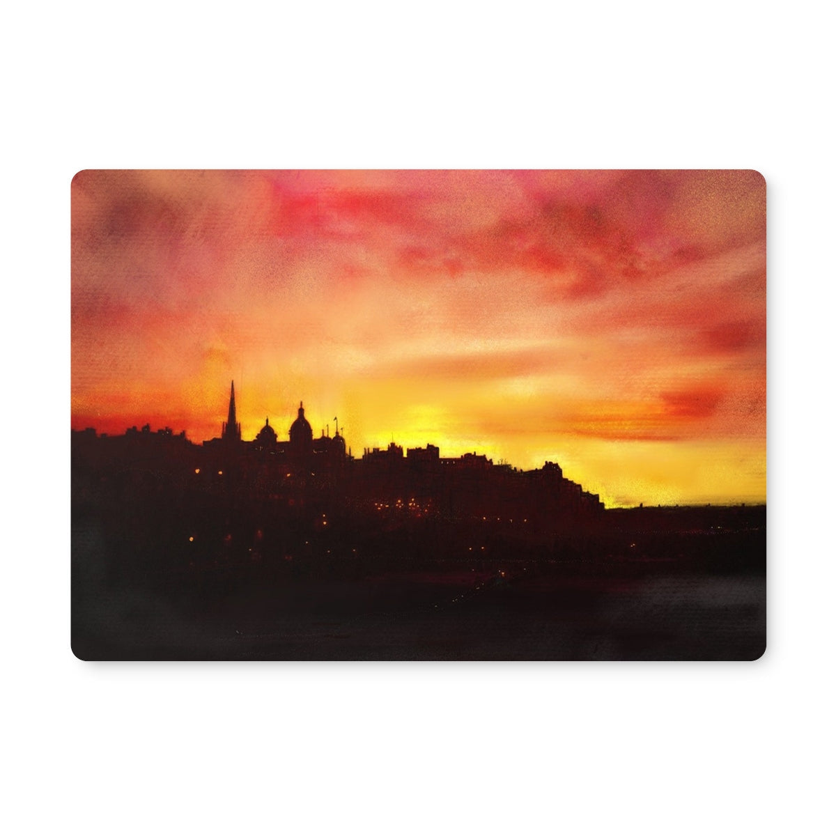 Artistic landscape painting of Edinburgh city silhouette at sunset on the Edinburgh Sunset Placemat