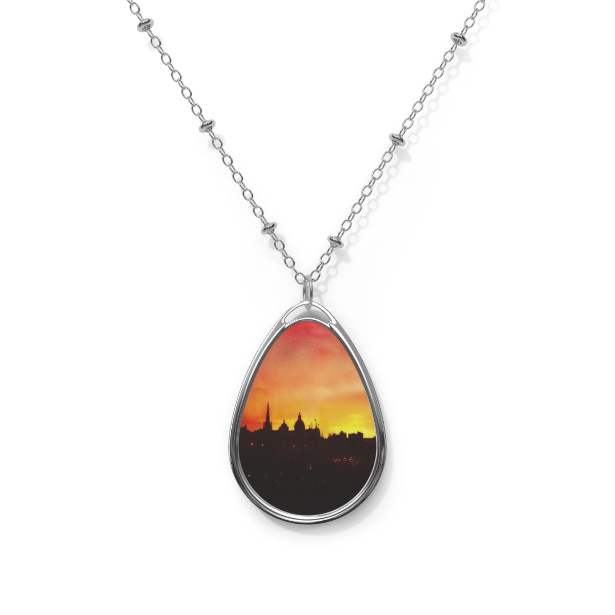 Silver teardrop pendant necklace with Edinburgh sunset skyline design