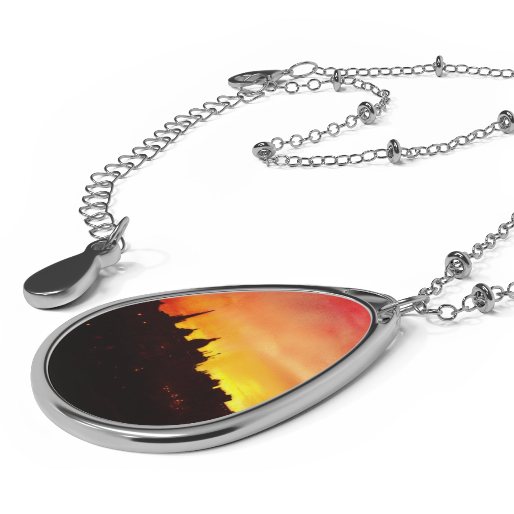 Silver teardrop pendant necklace with Edinburgh sunset skyline design
