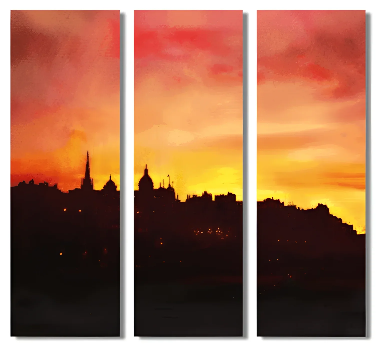 Triptych of Edinburgh skyline at sunset showcasing vibrant cityscape wall art