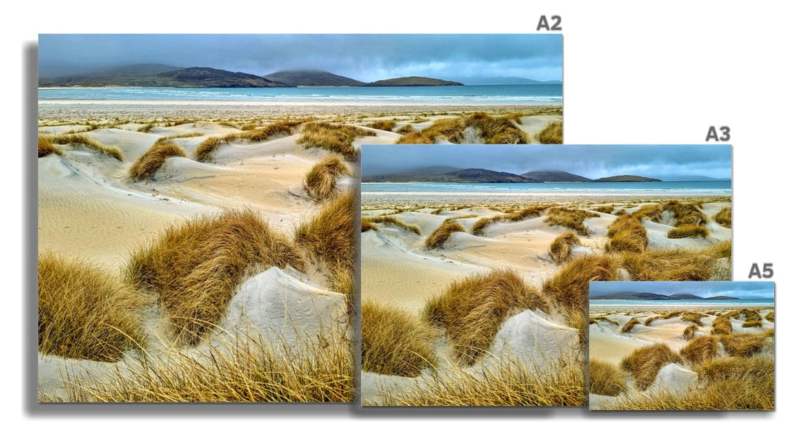 A3-sized framed fine art print of luskentyre sand dunes with golden brown grasses sandy dunes and turquoise water