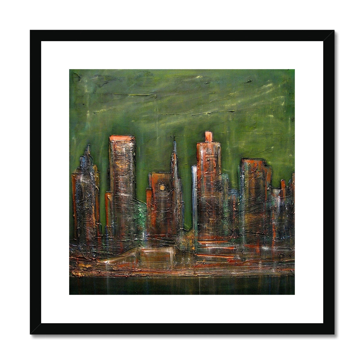 Black framed Neon New York abstract cityscape print in green brown tones