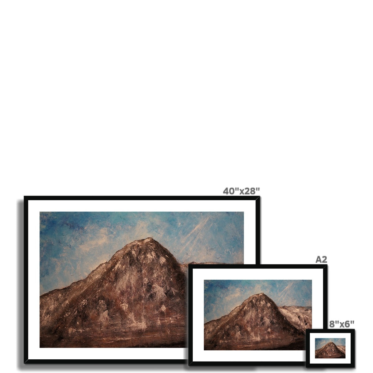 Black-framed The Eiger art print of textured earth-toned mountain landscape under soft blue sky