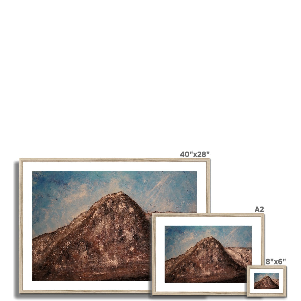 Framed Eiger mountain landscape painting in earthy browns and blues