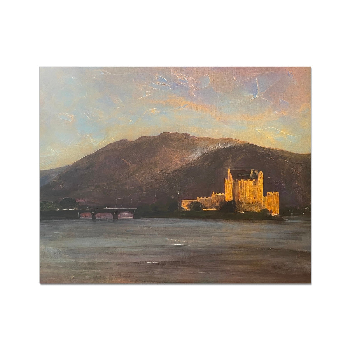 Oil painting of Eilean Donan Castle at dusk with water and mountain backdrop