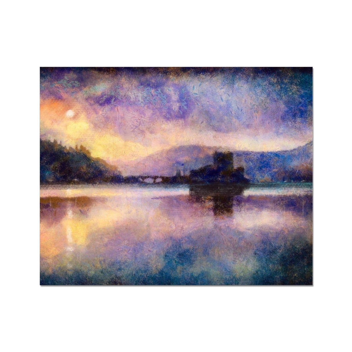Impressionistic painting of Eilean Donan Castle on a lake at sunset for collector print