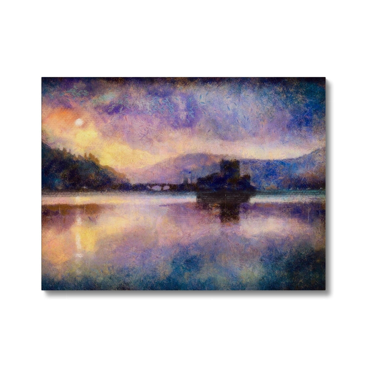A canvas print of a landscape painting in an Impressionistic style, depicting a castle on a lake at sunset with mountains and a bridge in the distance.