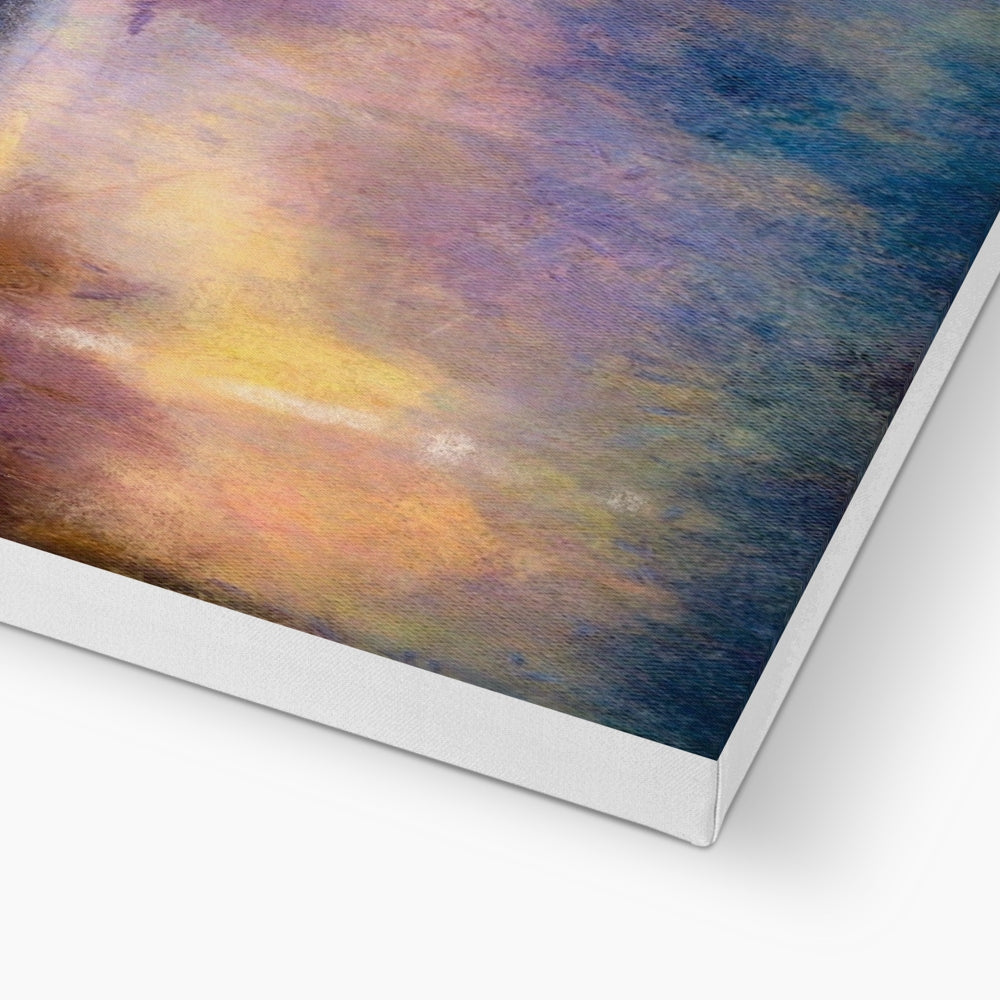A canvas print with abstract, colorful brushstrokes.